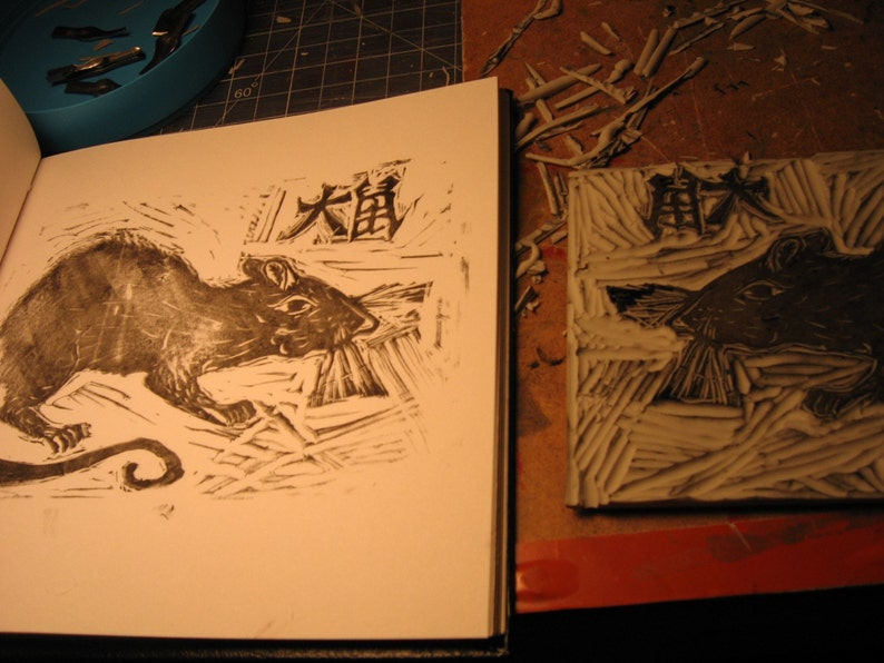 Da shu, The Rat, The Big Mouse Print, Chinese Zodiac, Black and White Lino Block Print image 4