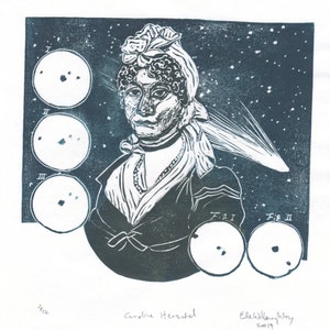 Portrait of Caroline Herschel, Pioneering Woman in Astronomy with Comets, Lino Block Print Astronomer, Woman in STEM image 3