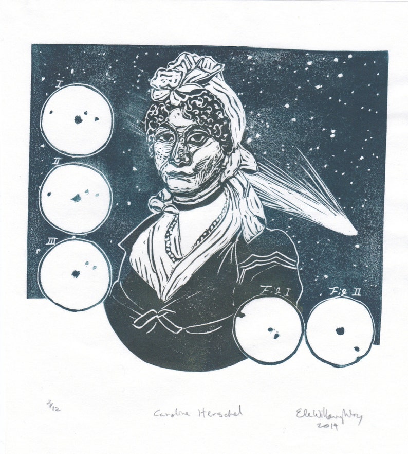 Portrait of Caroline Herschel, Pioneering Woman in Astronomy with Comets, Lino Block Print Astronomer, Woman in STEM image 3