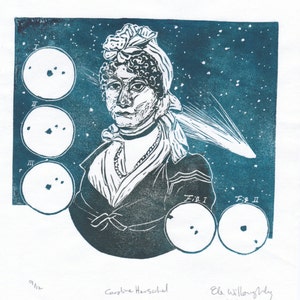 Portrait of Caroline Herschel, Pioneering Woman in Astronomy with Comets, Lino Block Print Astronomer, Woman in STEM image 1