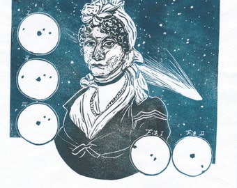 Portrait of Caroline Herschel, Pioneering Woman in Astronomy with Comets, Lino Block Print Astronomer, Woman in STEM