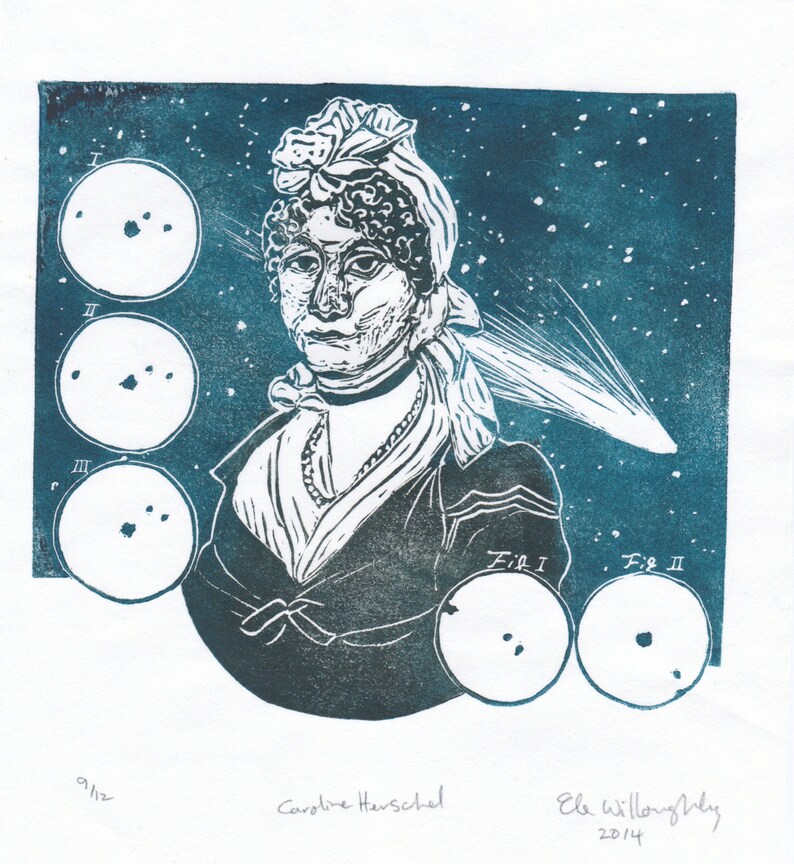 Portrait of Caroline Herschel, Pioneering Woman in Astronomy with Comets, Lino Block Print Astronomer, Woman in STEM image 1