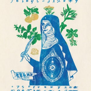 Lino Block Print of Hildegard von Bingen, History of Medicine, Natural History, Women in Science image 3