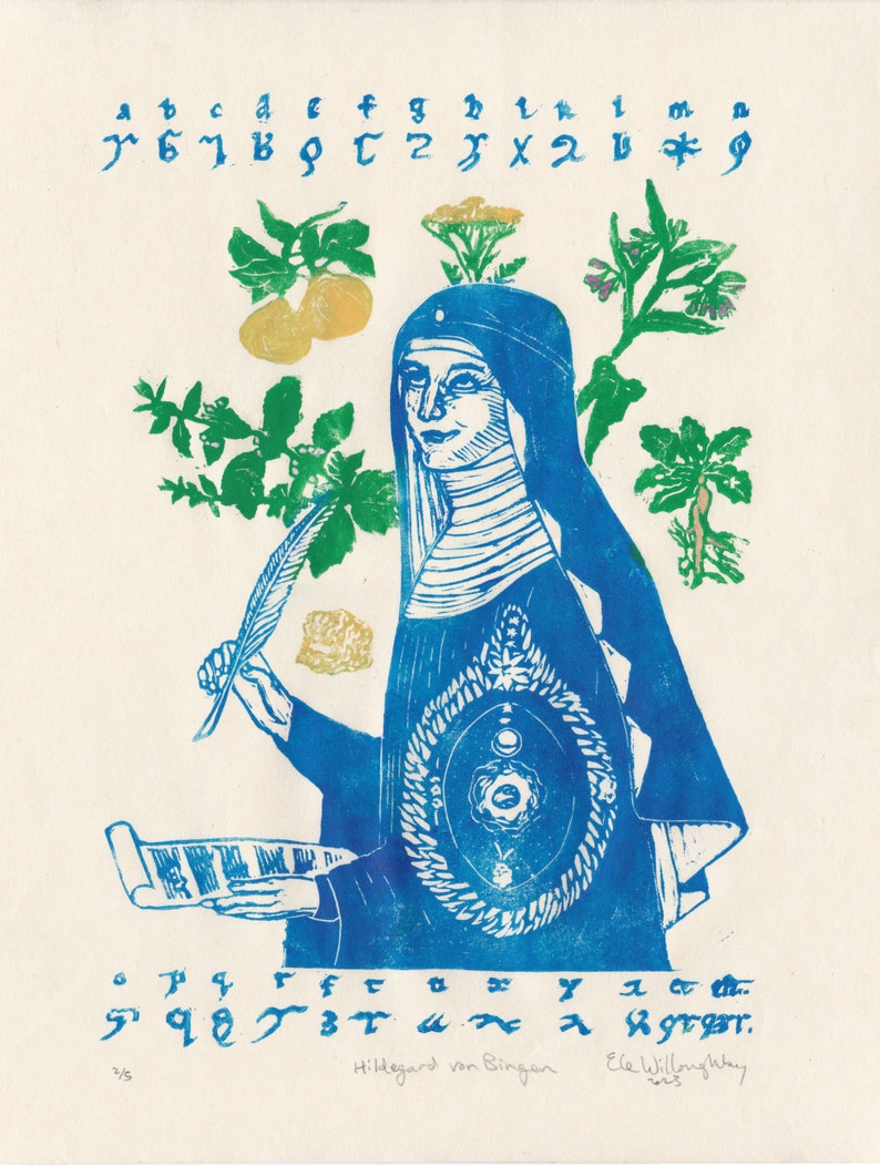 Lino Block Print of Hildegard von Bingen, History of Medicine, Natural History, Women in Science image 3