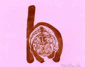 Hippopotamus H Monogram Print, Alphabet Typographic Lino Block Print with Hippo, Nursery Art