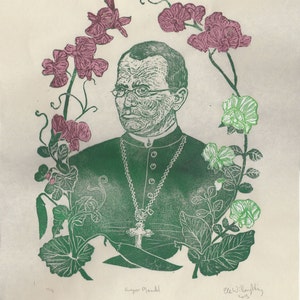 Gregor Mendel with his Pea Plants Portrait, Founder of Modern Genetics, Lino Block Print History of Science