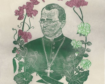 Gregor Mendel with his Pea Plants Portrait, Founder of Modern Genetics, Lino Block Print History of Science