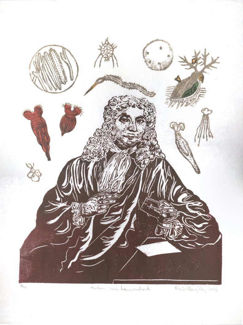 Antonie van Leeuwenhoek Portrait with his Microscope and Animacules, Lino Block Print History of Science, Microbiology image 2