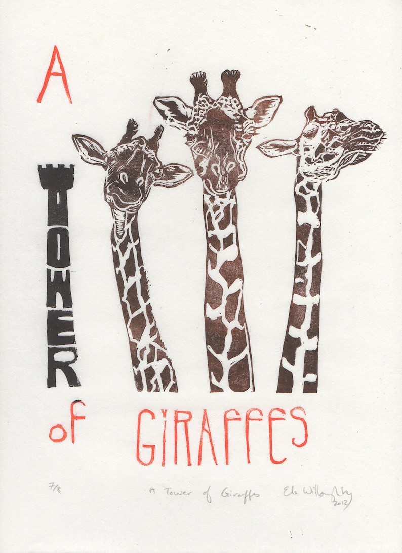 A Tower of Giraffes Print, Terms of Venery Collective Nouns for Animals, Typographic Lino Block Print image 1