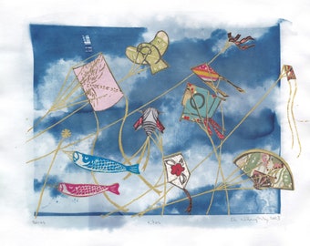 Blue Sky with Clouds Cyanotype with Lino Block Printed Kites and Collaged Japanese Papers