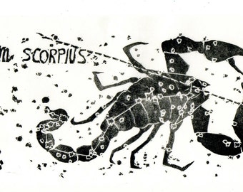 Scorpius Constellation Print in Black and White, Constellations of the Zodiac Collection, Scopio Lino Block Print