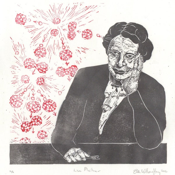 Lise Meitner and Nuclear Fission Print, History of Physics, Lino Block Print, Women in STEM