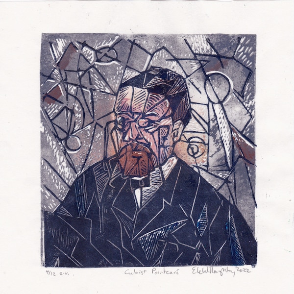Portrait cubiste du mathématicien et philosophe français Henri Poincaré en linogravure