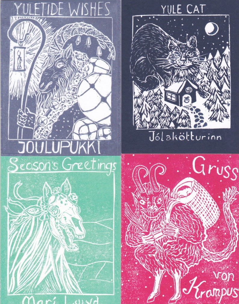 Set of 5 Printed Yule Cat Card, with Image of Linocut Gigantic Icelandic Christmas Cat, Jólakötturinn on Cabin in Woods image 10