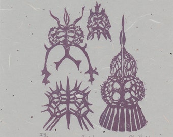 Radiolarians, Original linocut, plum on celadon, Radiolaria Microbiological Fossil Sea Creature Lino Block Print