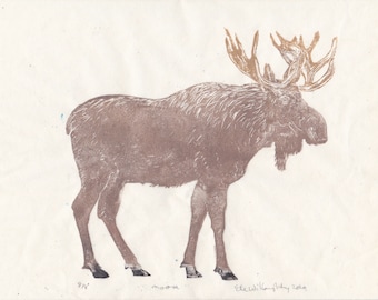 Lino Block Printed Moose on Delicate Handmade Japanese Paper