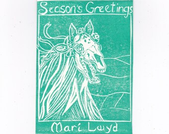 Mari Lwyd Cards - Lino Block Printed Set of 5 Cards with Welsh Wassaling Folk Tradition Hobby Horse