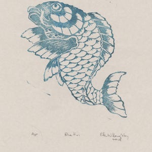 Koi Print, Lino Block Koi Fish or Carp Print on Lovely Orange Japanese Paper image 6