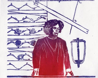 Lino block print of Hertha Ayrton, mathematician, physicist, engineer and inventor, woman in STEM