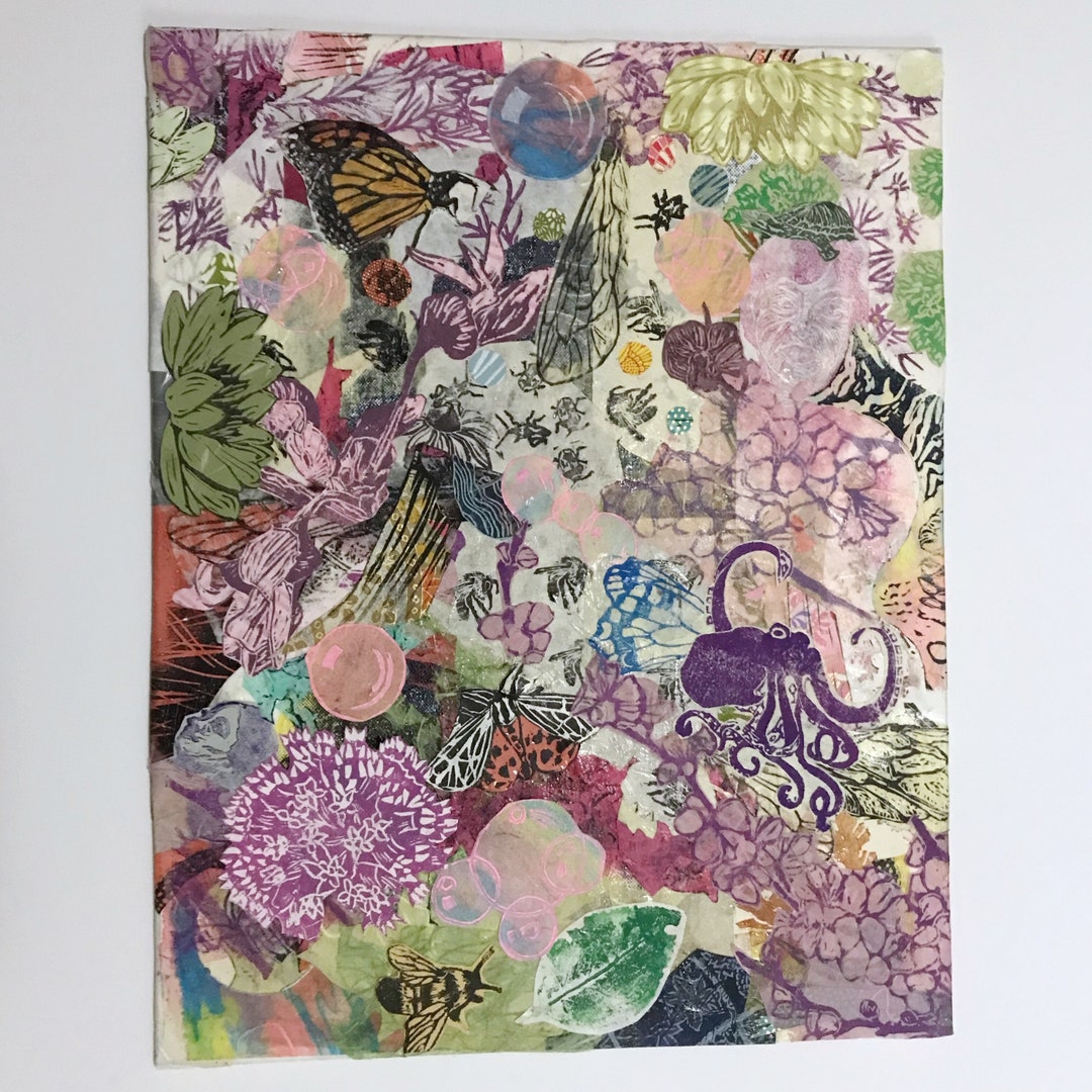 Bright Springlike Multimedia Collage on Canvas Board With Japanese ...