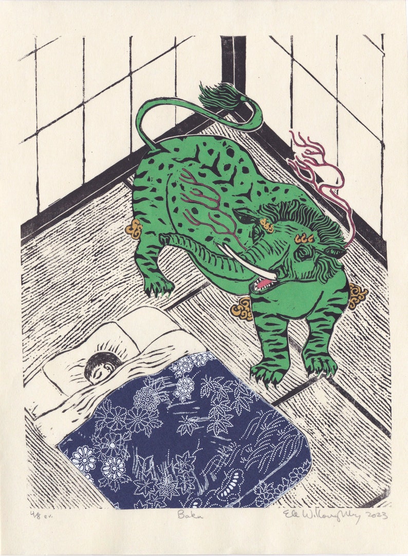 Lino Block Print of the Mythical Baku, Japanese Folklore Chimera Who Eats Nightmares image 3