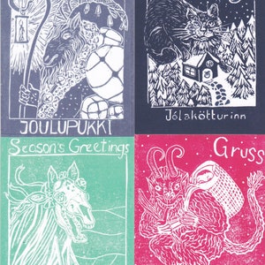 Collection de 5 cartes de Noël imprimé avec des créature mythique comme le Krampus, Jólakötturinn, Joulupukki, et la Mari Lwyd