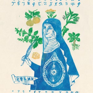 Lino Block Print of Hildegard von Bingen, History of Medicine, Natural History, Women in Science image 2