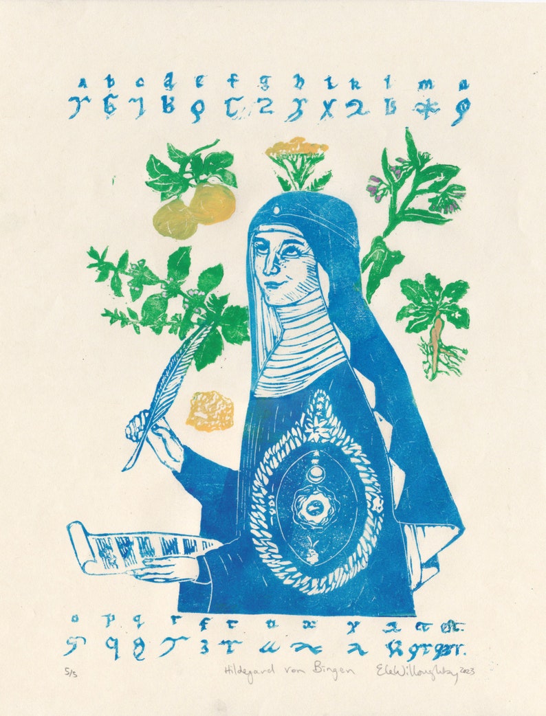 Lino Block Print of Hildegard von Bingen, History of Medicine, Natural History, Women in Science image 2