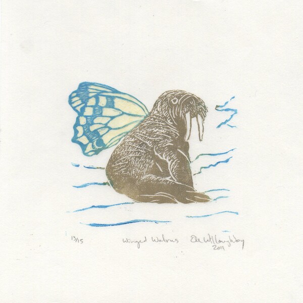 Winged Walrus Mini Print, Imaginary Hybrid Composite Creature, Cryptozoology Series Tiny Lino Block Print, Walrus with Butterfly Wings