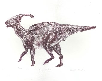 Parasaurolophus Dinosaur Print, Hand-Printed Lino Block Print of Duck-Billed Hadrosaur with the Elaborate Head Crest