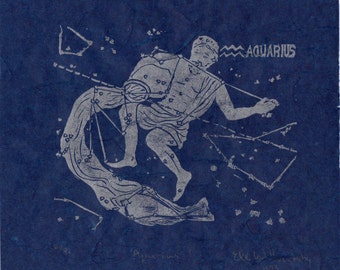 Aquarius Constellation Linocut in Silver on Blue, Constellations of the Zodiac Collection, Aquarius the Water Bearer Star Map