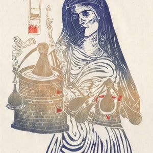 Linocut Mary the Jewess, Mother of Alchemy, Miriam Hebraea, Maria Prophetissa, Chemistry Trailblazer, Historical Woman in Science Print image 4