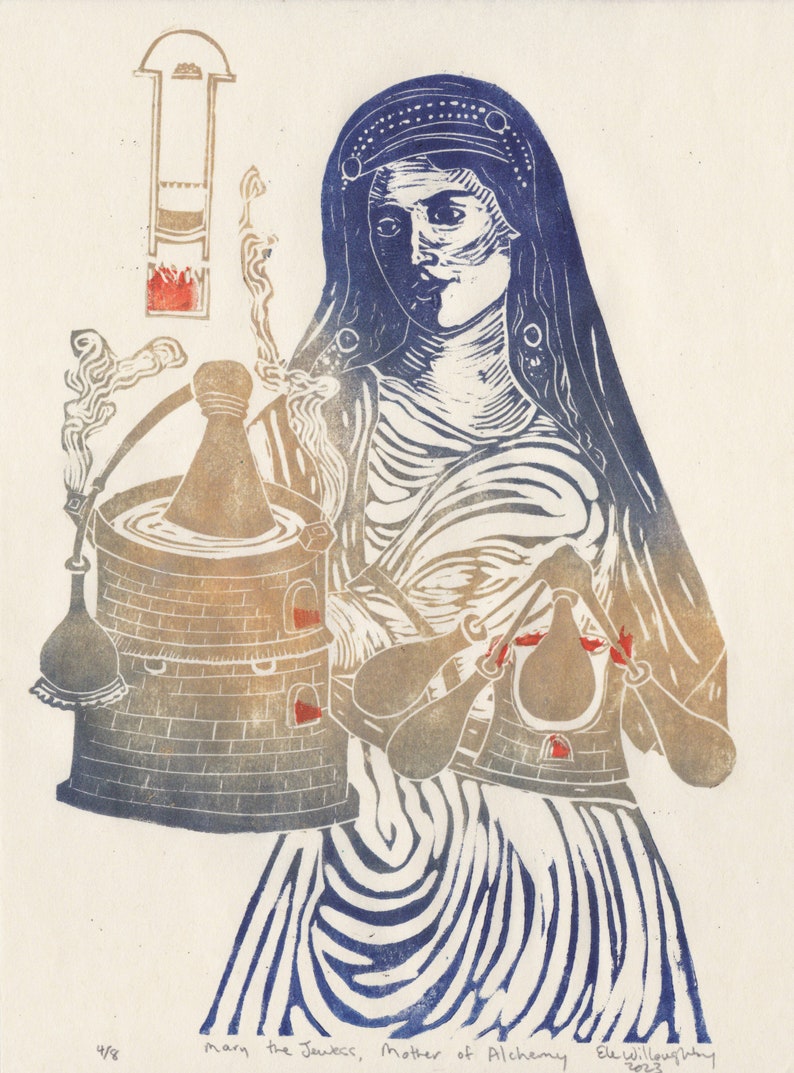 Linocut Mary the Jewess, Mother of Alchemy, Miriam Hebraea, Maria Prophetissa, Chemistry Trailblazer, Historical Woman in Science Print image 4