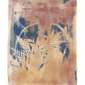 Peut inclure: Une peinture à l'aquarelle abstraite avec des nuances de brun, de bleu et de rose. La peinture présente un motif de fougère au centre, avec un fond plus clair.
