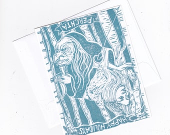 Set of 5 Perchta Happy Holidays Alpine Folklore Queen of Winter Cards With Image of Linocut