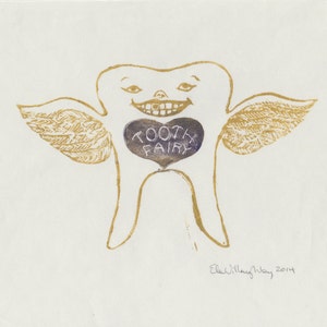 Tooth Fairy linocut, Lino Block Print of a Winged Tooth Fairy, Children's Art, Fairytale, Teeth image 4