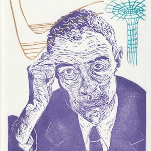 Linocut portrait of physicist J. Robert Oppenheimer, History of Science Lino Block Portrait, Quantum Physics, Astrophysics, Black Hole