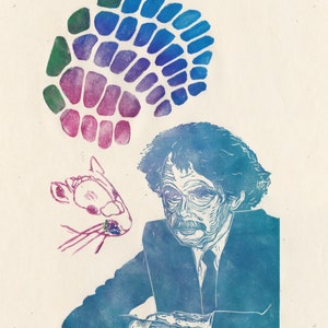 May include: A blue and green abstract print of a person with a beard and glasses. The print is titled "Hendrik van der Loos" and signed "Eelco Hooghiemstra 2022".