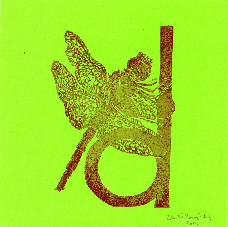 Dragonfly D Monogram Print, Alphabet Typographic Lino Block Print, Dragonfly, Damselfly, Insect image 4