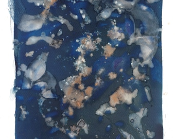 Abstract Wet Cyanotype with Leaves and Splashed and More On Watercolour Paper