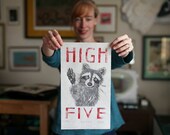 Raccoon High Five Linocut, Typography with Raccoon, White, Black and Red, High Five Lino Block Print