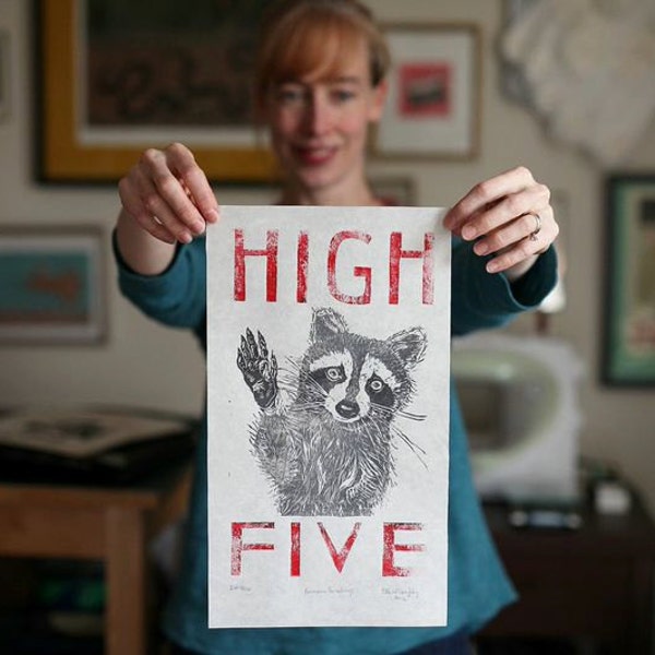 Raccoon High Five Linocut, Typography with Raccoon, White, Black and Red, High Five Lino Block Print