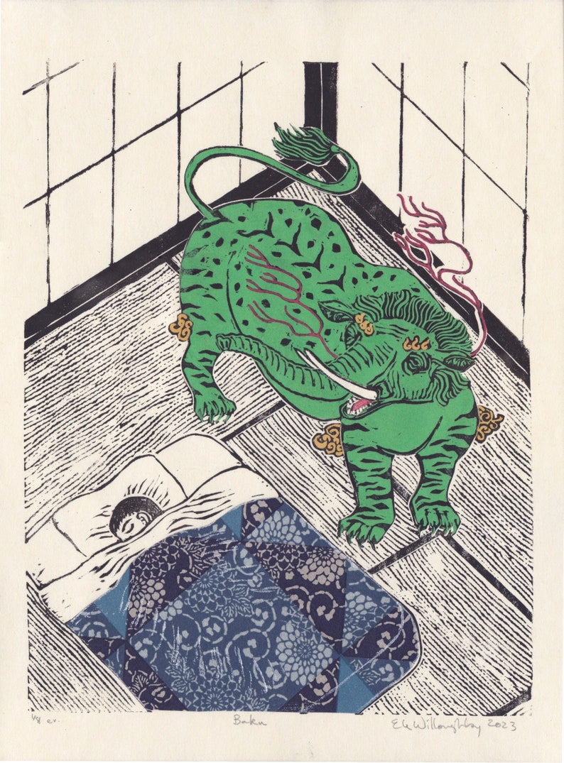 Lino Block Print of the Mythical Baku, Japanese Folklore Chimera Who Eats Nightmares image 1