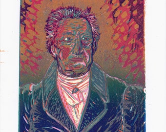 Goethe’s Theory of Colours, Fauve style lino block print of Johann Wolfgang von Goethe