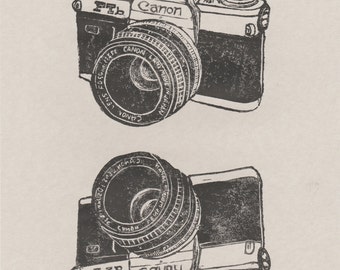 Shoot - Vintage Canon FTb Camera Linocut - Classic SLR Film Camera Lino Block Print, Canon Ftb
