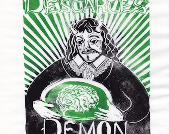 Descartes Demon Linocut, Imaginary Friends of Science Collection, René Descartes Daemon with Brain in Vat Philosophy History Science Print