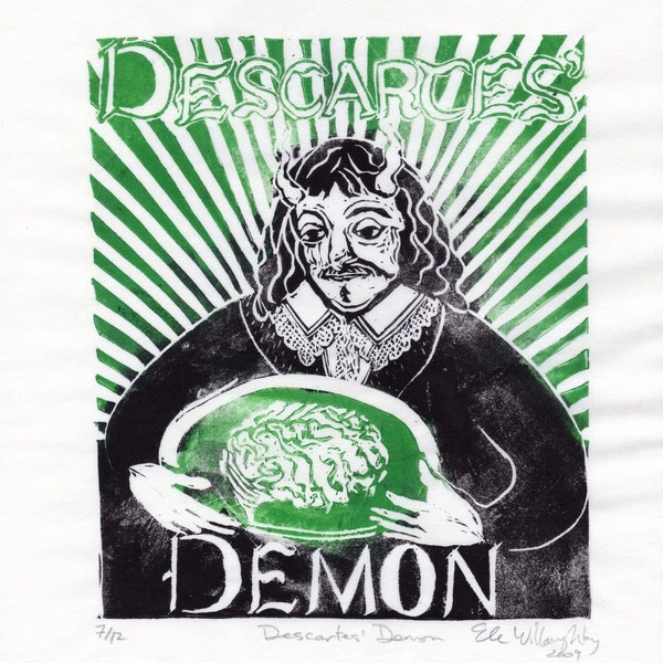 Descartes Demon Linocut, Imaginary Friends of Science Collection, René Descartes Daemon with Brain in Vat Philosophy History Science Print