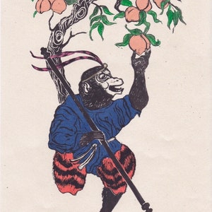 O Rei Macaco, Sun Wukong, gravura em linóleo do lendário herói do folclore e da literatura clássica chinesa