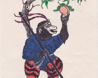 The Monkey King, Sun Wukong Lino Block Print of the Legendary Hero of Folklore and Classical Chinese Literature