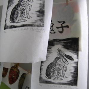 Tu-z, The Rabbit, Linocut, 4th in Chinese Zodiac, Black and White Lino Block Print Rabbit, Bunny, Hare, Chinese Character image 3